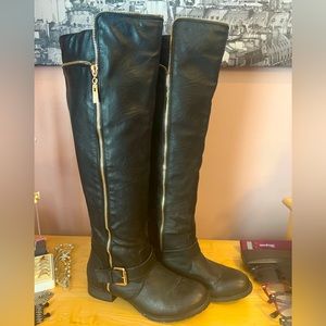 Black Over the Knee Moto Boots